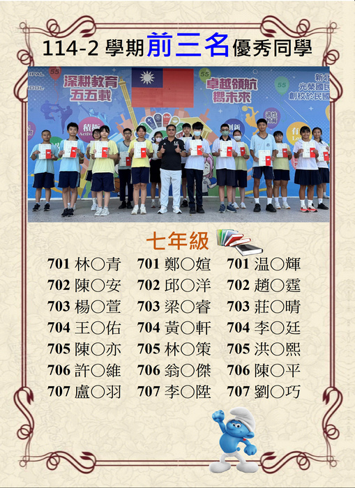 114-2學期前三名優秀同學-七年級