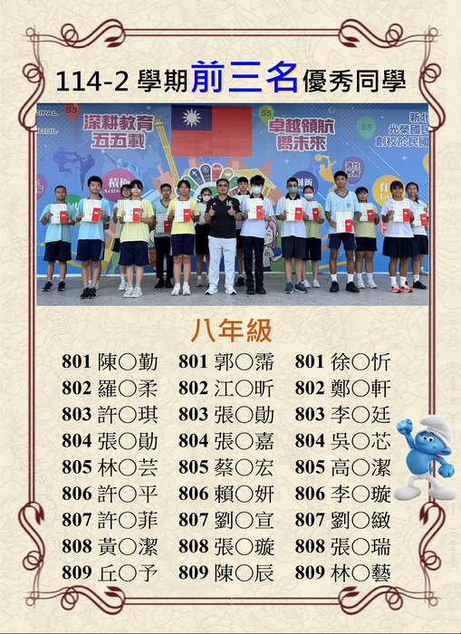 114-2學期前三名優秀同學-八年級