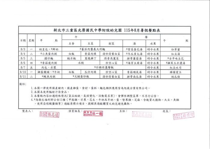 115年8月暑假班餐點表