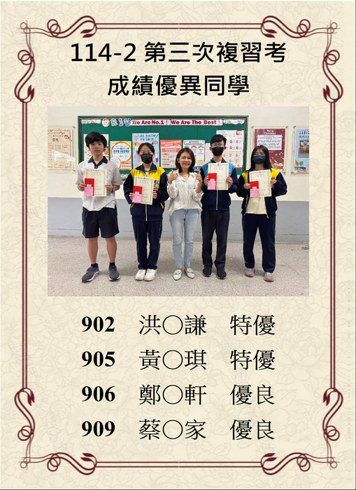 恭賀114學年度第二學期第三次複習考成績優異同學