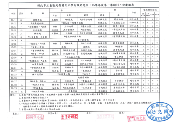 115年十月份餐點表