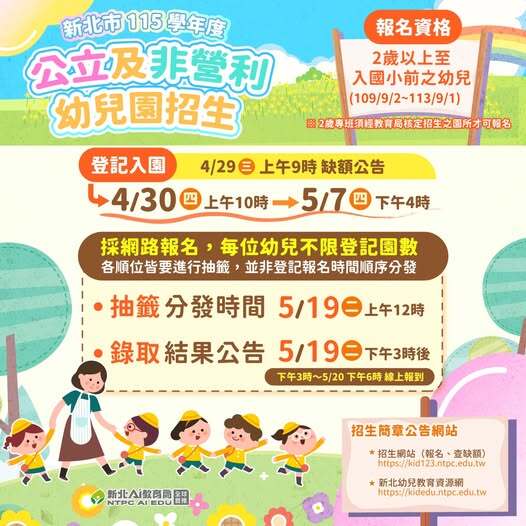 新北市115學年度公立幼兒園及非營利幼兒園招生