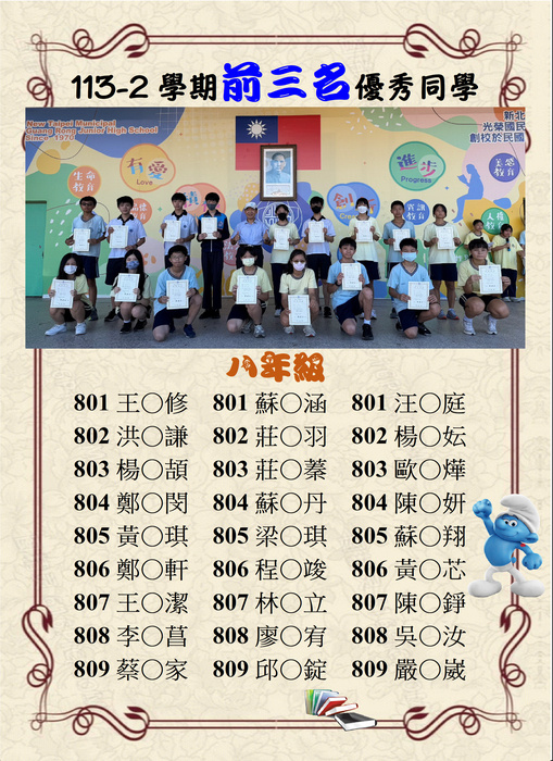 恭賀113學年度第二學期七八年級學期前三名同學圖片