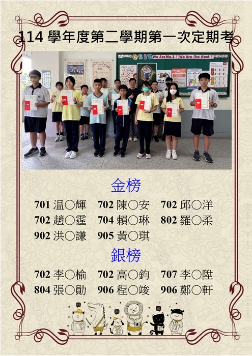 恭賀114學年度第二學期第一次定考獲得金榜、銀榜同學