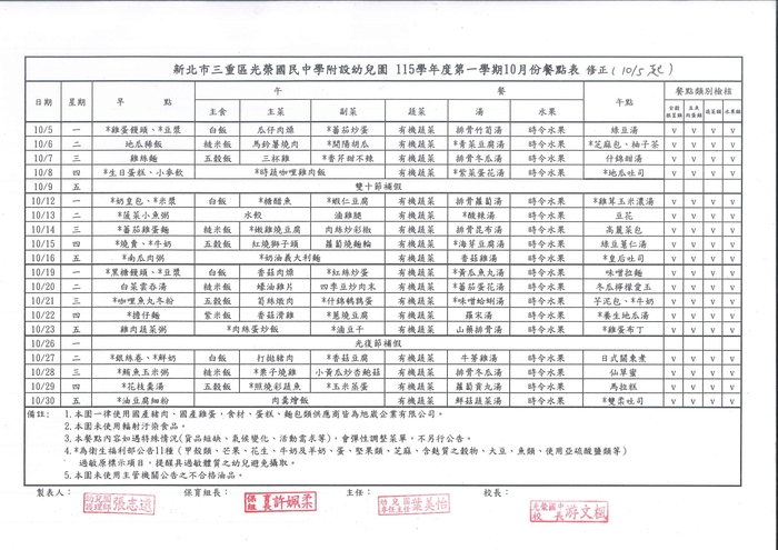 10月份餐點表修正