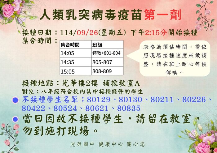 114/9/26舉辦八年級HPV疫苗接種圖片