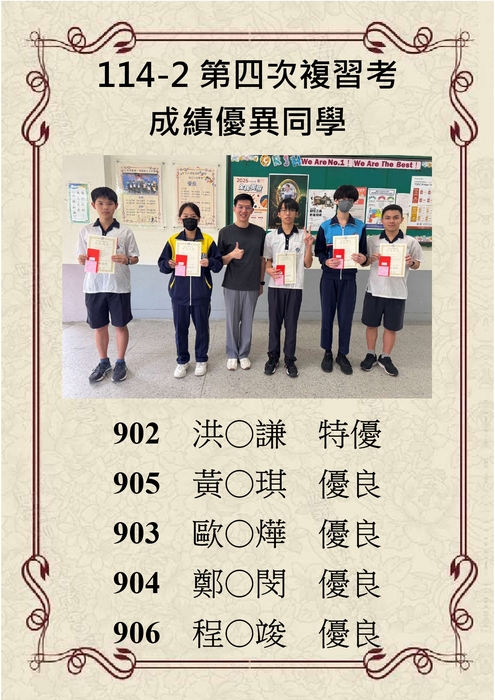 恭賀114學年度第二學期第四次複習考成績優異同學