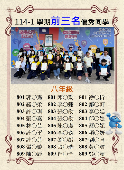 114-1學期前三名優秀同學-八年級