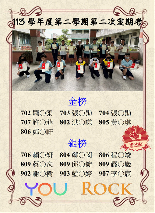 恭賀113學年度第二學期第二次定考獲得金榜、銀榜、優良榜同學圖片