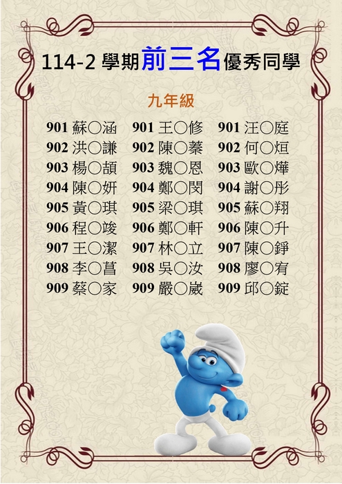 恭賀114學年度第二學期九年級學期前三名同學