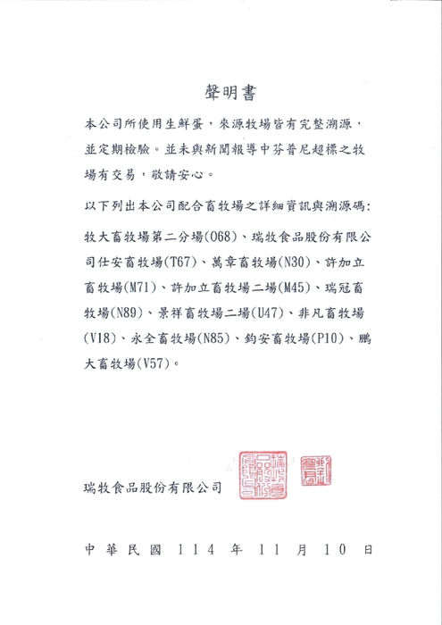 有關「蛋品芬普尼超標事件」說明，附上相關聲明圖片