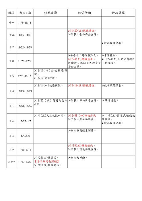 115-1幼兒園行事曆(第十一周到第二十周)